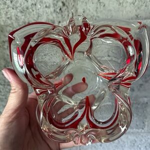 Vintage Murano Style Red & Clear Art Glass Ashtray Bowl – Mid-Century Decor